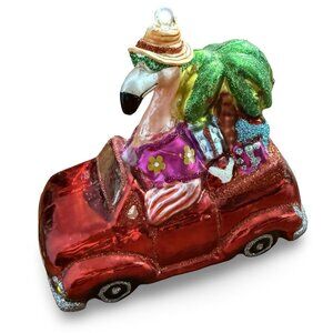 Flamingo In Red Convertible Christmas Ornament Tropical Palm Tree Car Holiday